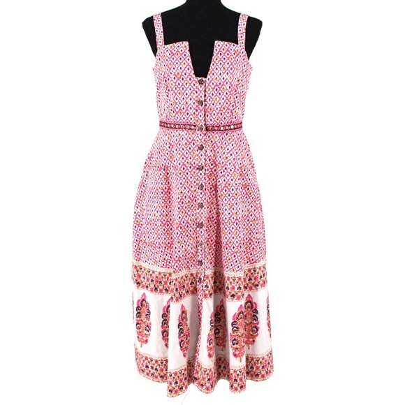 SALONI Abstract Fara Button Up Empire Waist Cotton Midi Dress Small S - Picture 2 of 9